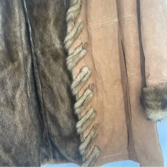 ✨ NWT Vintage Dennis Basso Suede Leather Faux Fur Lined Hooded Heavy Coat Medium - Picture 9 of 9